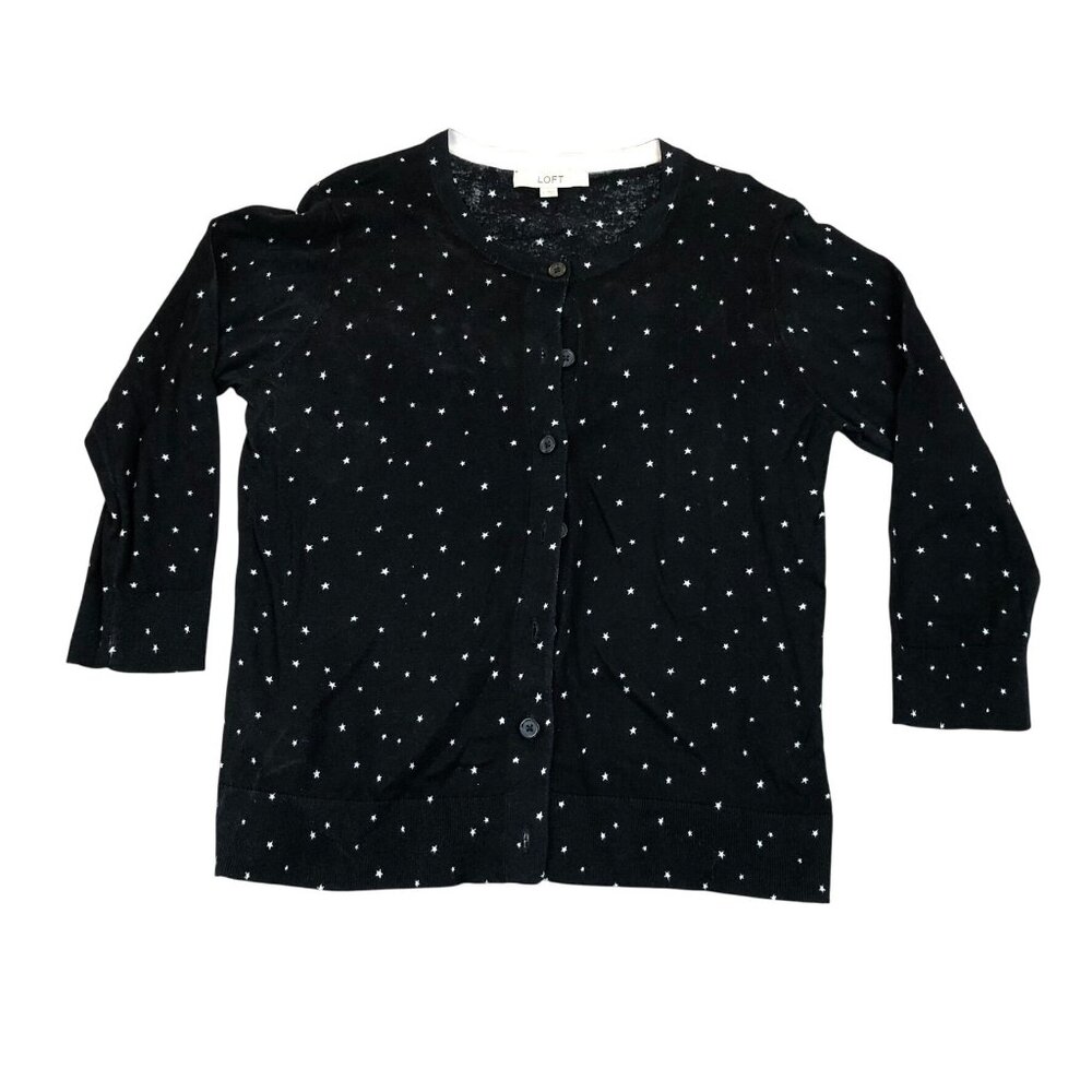 Loft Women's Button Front Cardigan Sweater Large Black Star Knit 100% Cotton